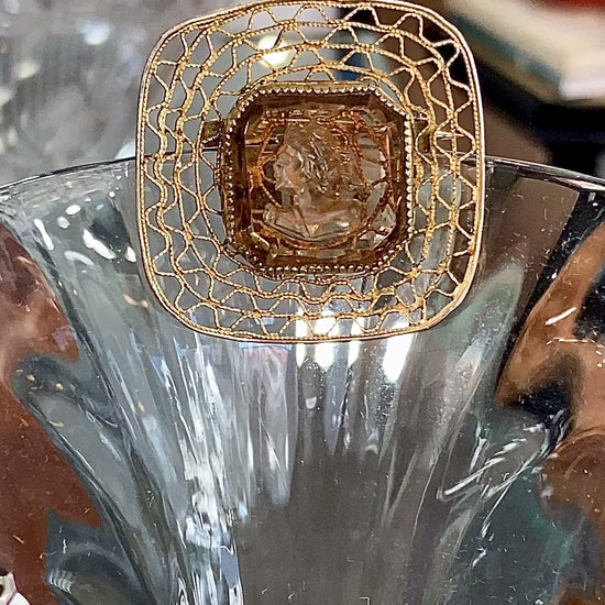 Vintage Topaz Glass Intaglio Relief Classic Cameo Gold Filigree Brooch Pin