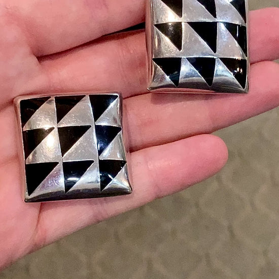 Vintage Abstract Contrast Black Sterling Silver Clip On Statement Earrings