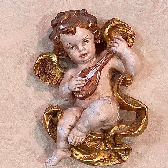 20th Century Hand Painted Gessoed Gilded Cherub Wall Hanging Sculpture video