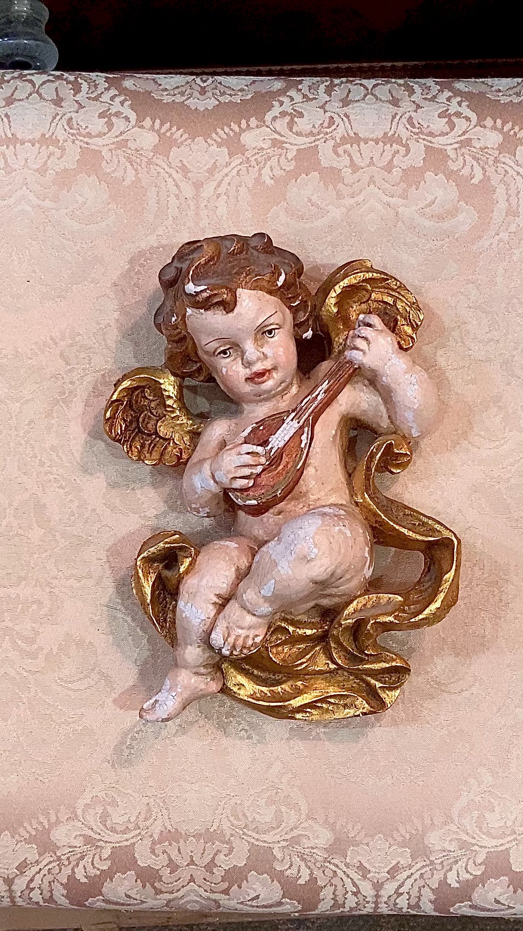 20th Century Hand Painted Gessoed Gilded Cherub Wall Hanging Sculpture video