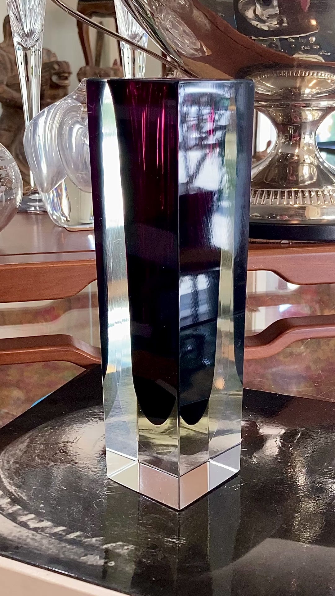 Murano Sommerso V. Nason Italian Rectangular Wine Red Glass Bud Vase