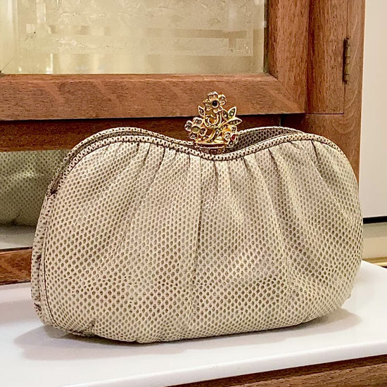 Vintage Judith Leiber Champagne Snakeskin Floral Clasp Crossbody Clutch Bag