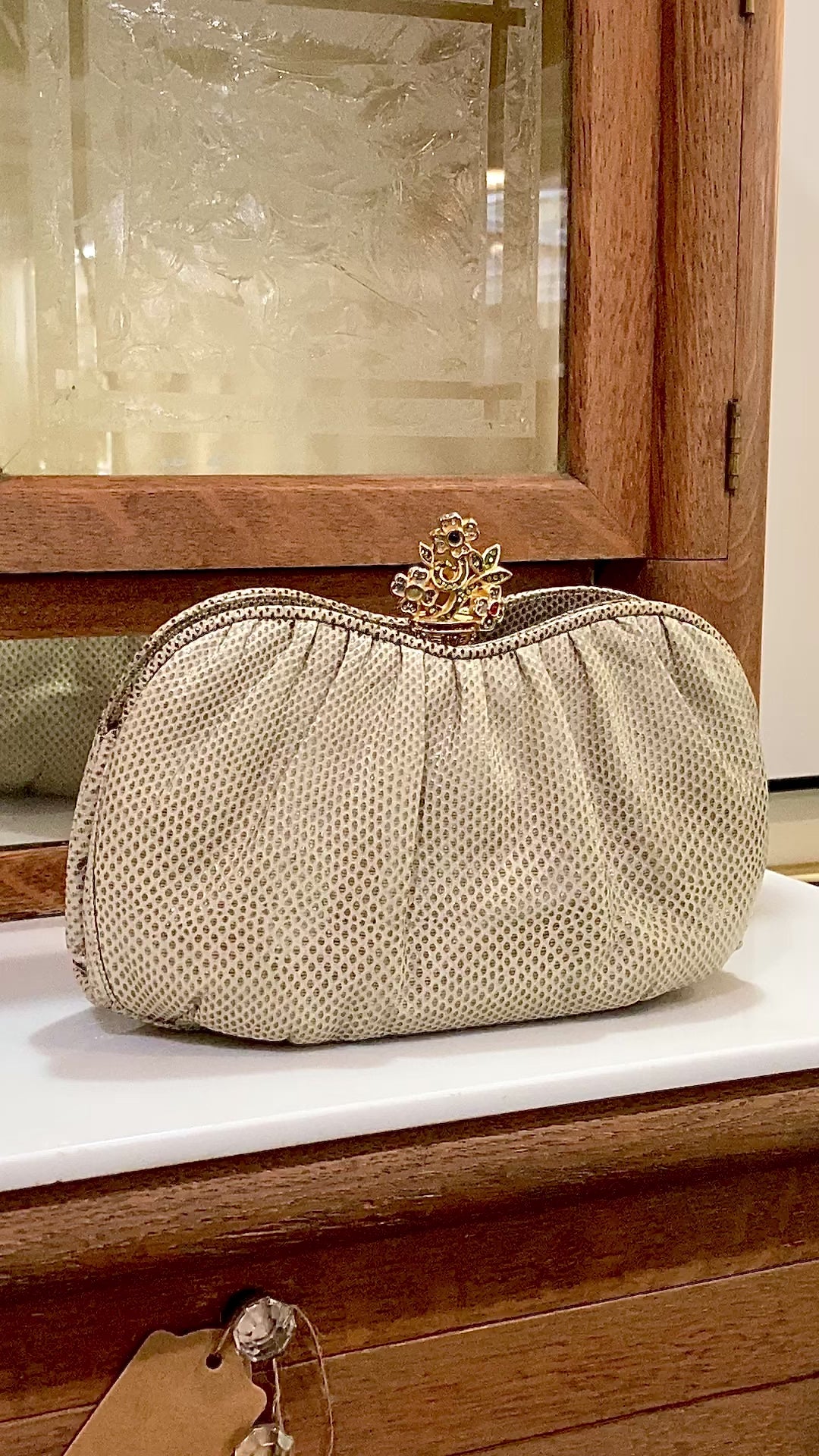 Vintage Judith Leiber Champagne Snakeskin Floral Clasp Crossbody Clutch Bag