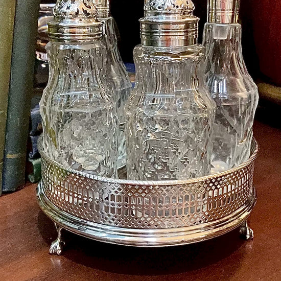 Antique Georgian Robert Makepeace English Sterling Silver Glass Cruet Set