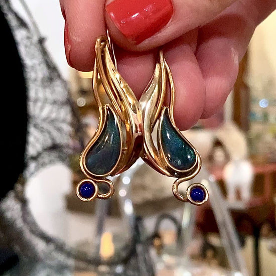 Vintage Abstract Gold Silver Tear Drop Green Blue Accent Drop Earrings