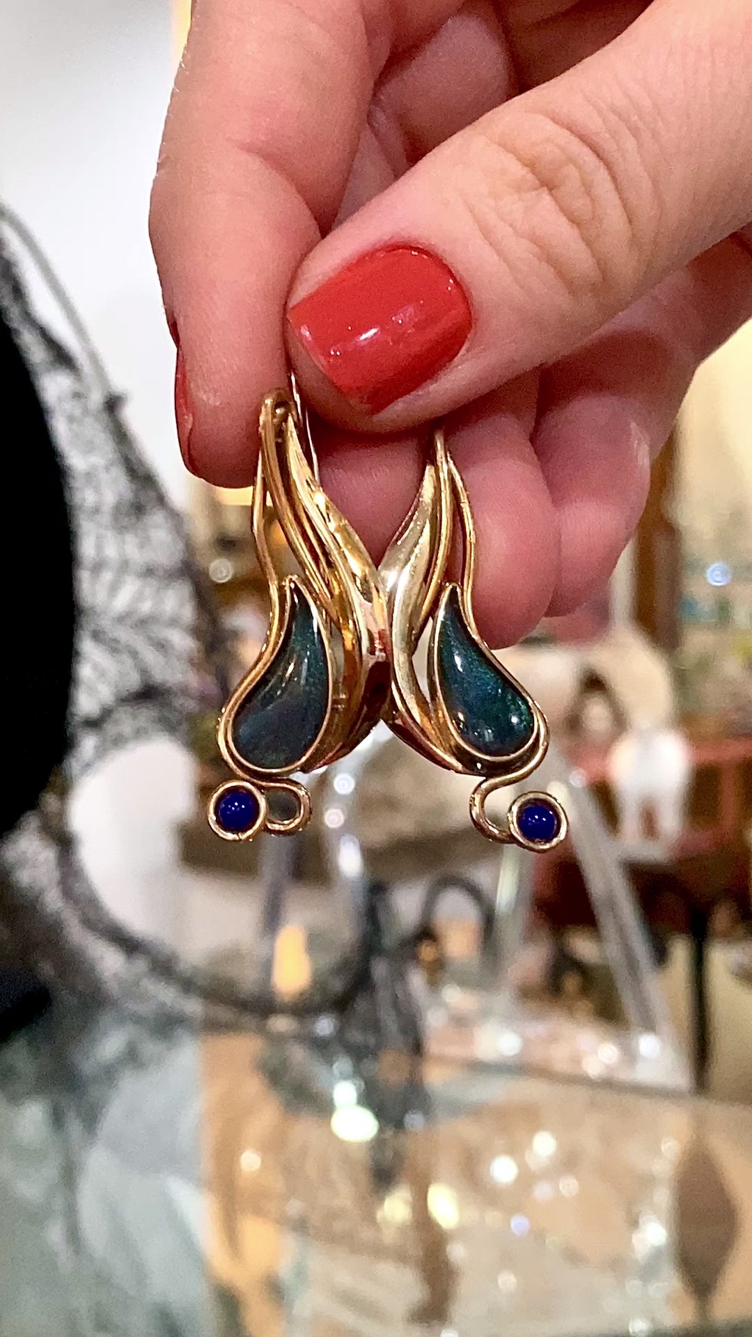Vintage Abstract Gold Silver Tear Drop Green Blue Accent Drop Earrings
