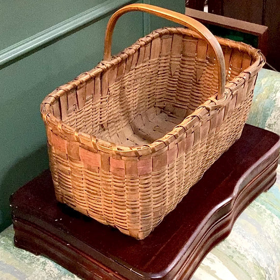 20th Century Vintage Splint Wood Angular Form Handled Rectangular Basket