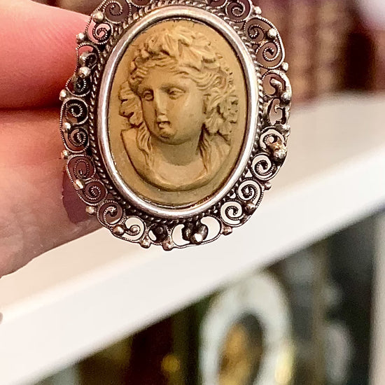 Antique Victorian Gold Sterling Silver Filigree Lava Stone Cameo Ring