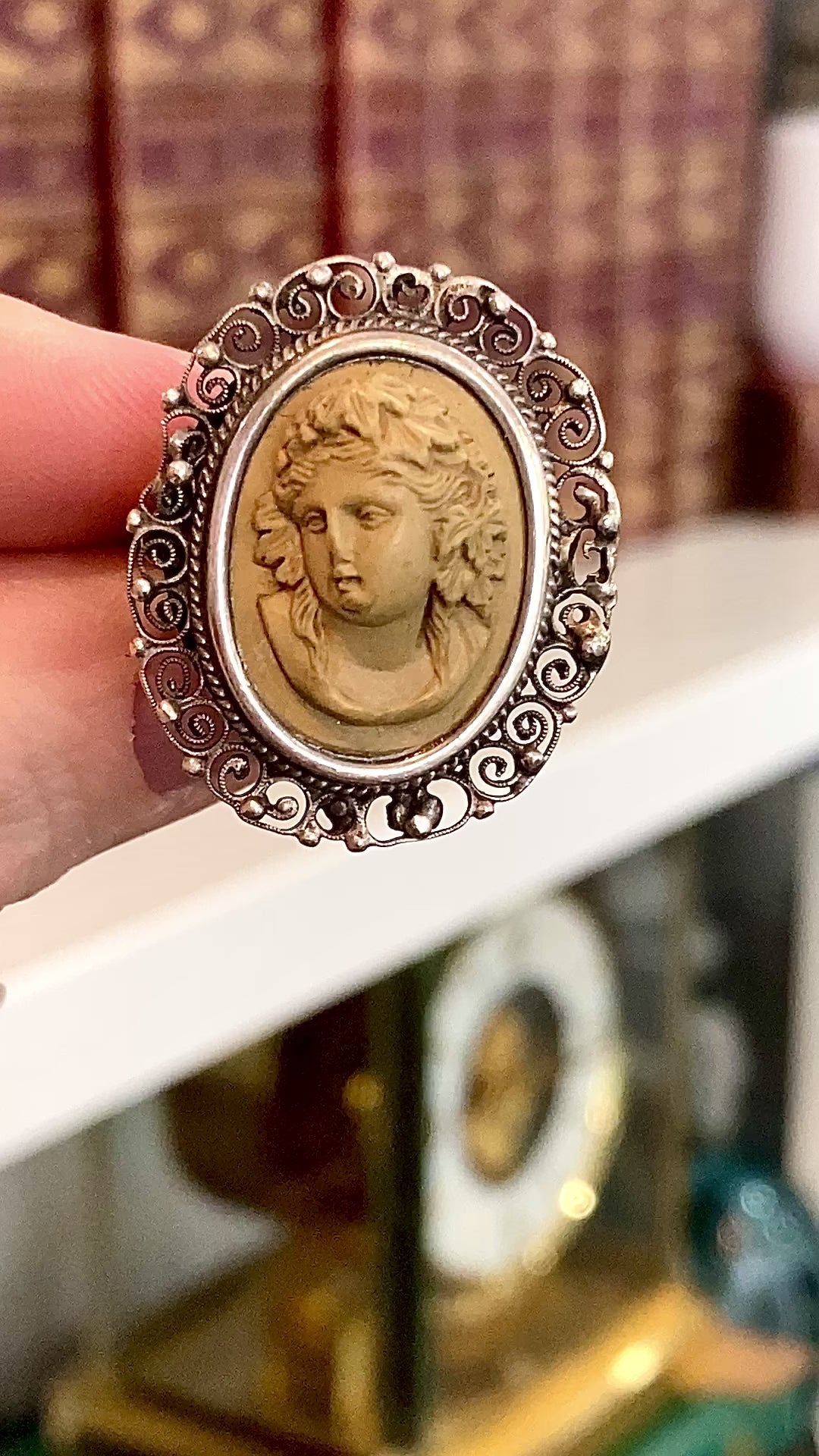 Antique Victorian Gold Sterling Silver Filigree Lava Stone Cameo Ring