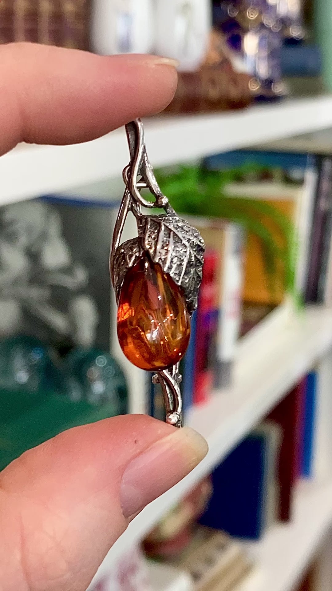 Vintage Sterling Silver Amber Drop Branch Fruit Leaves Brooch Bar Pin