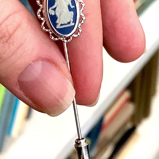 Vintage Wedgwood Blue Jasperware Stainless Steel Cameo Stick Pin Brooch