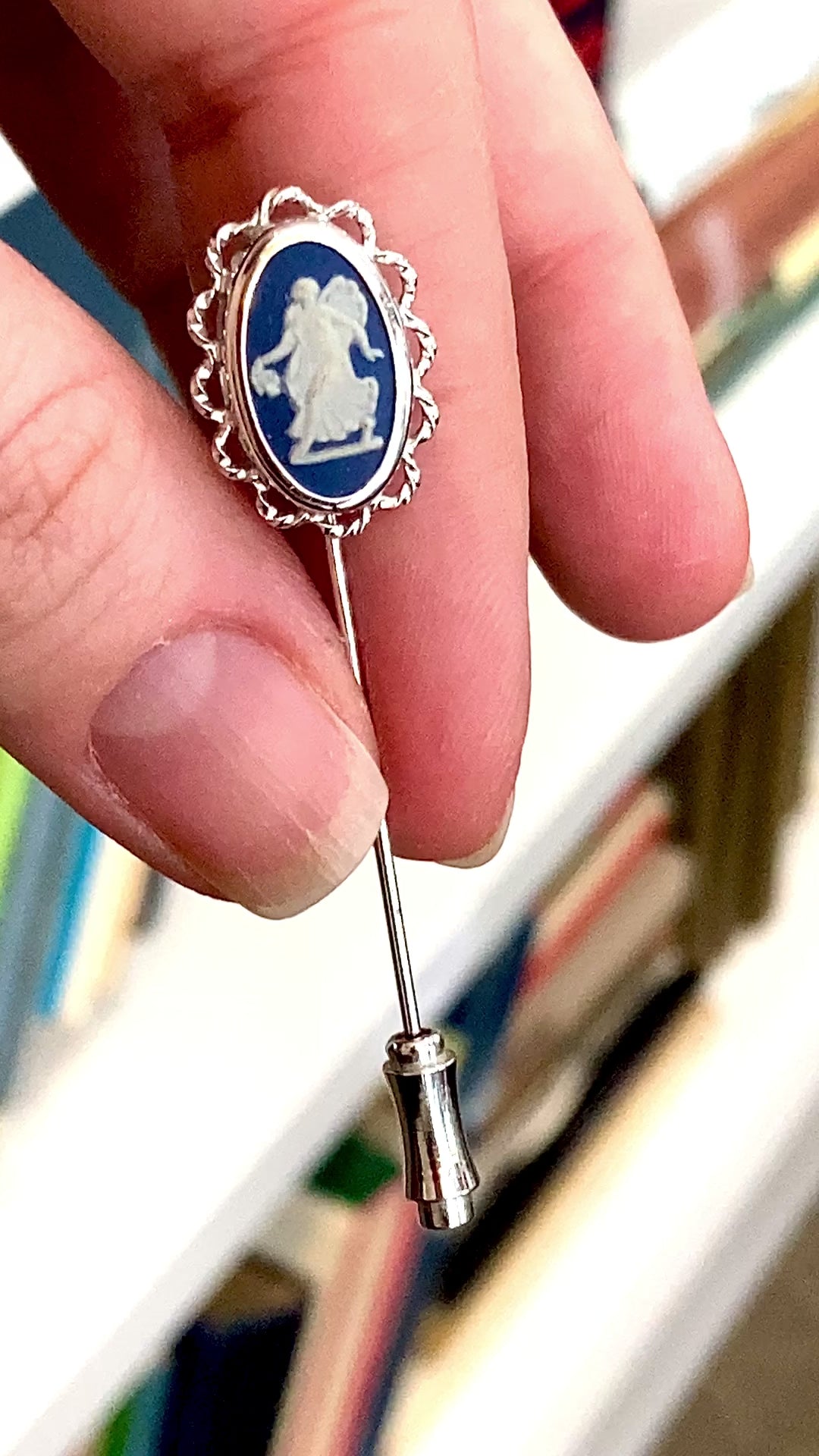 Vintage Wedgwood Blue Jasperware Stainless Steel Cameo Stick Pin Brooch