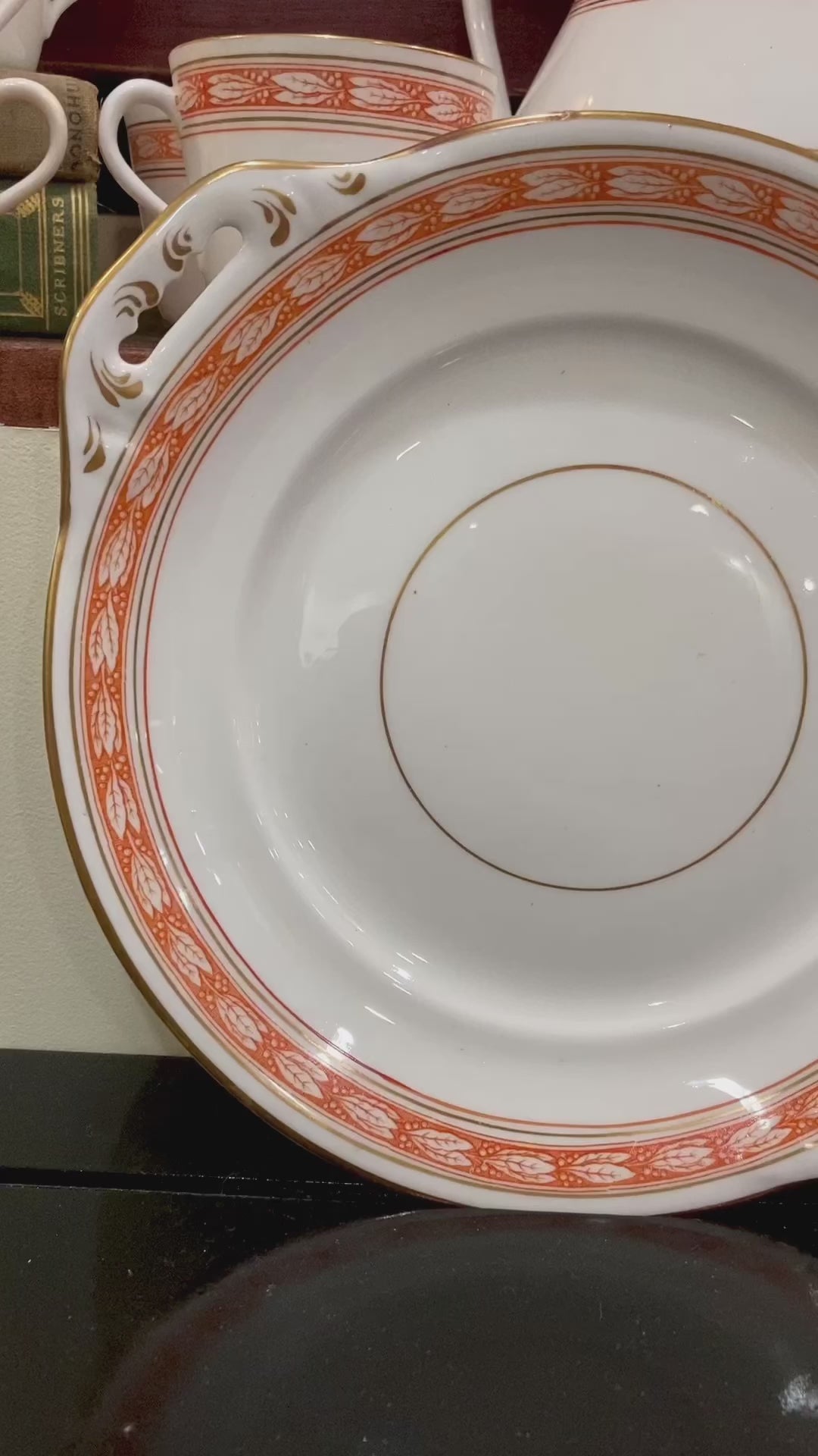 Antique French Porcelain White Red Dessert Coffee Pitcher Cups Plates Set