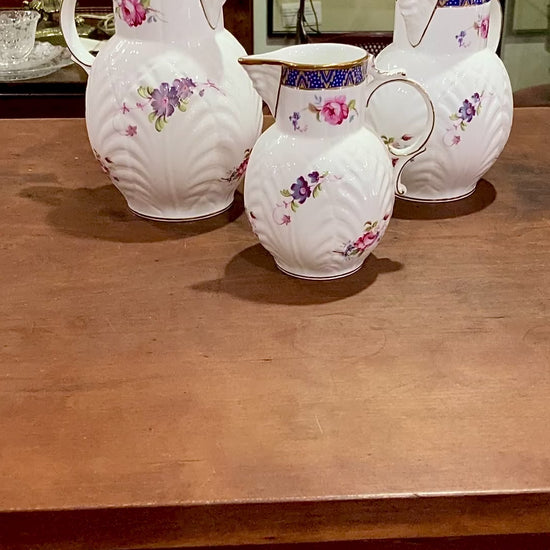 Set of Three Vintage Caughley Floral Painted Mask Head Porcelain Pitcher Jugs