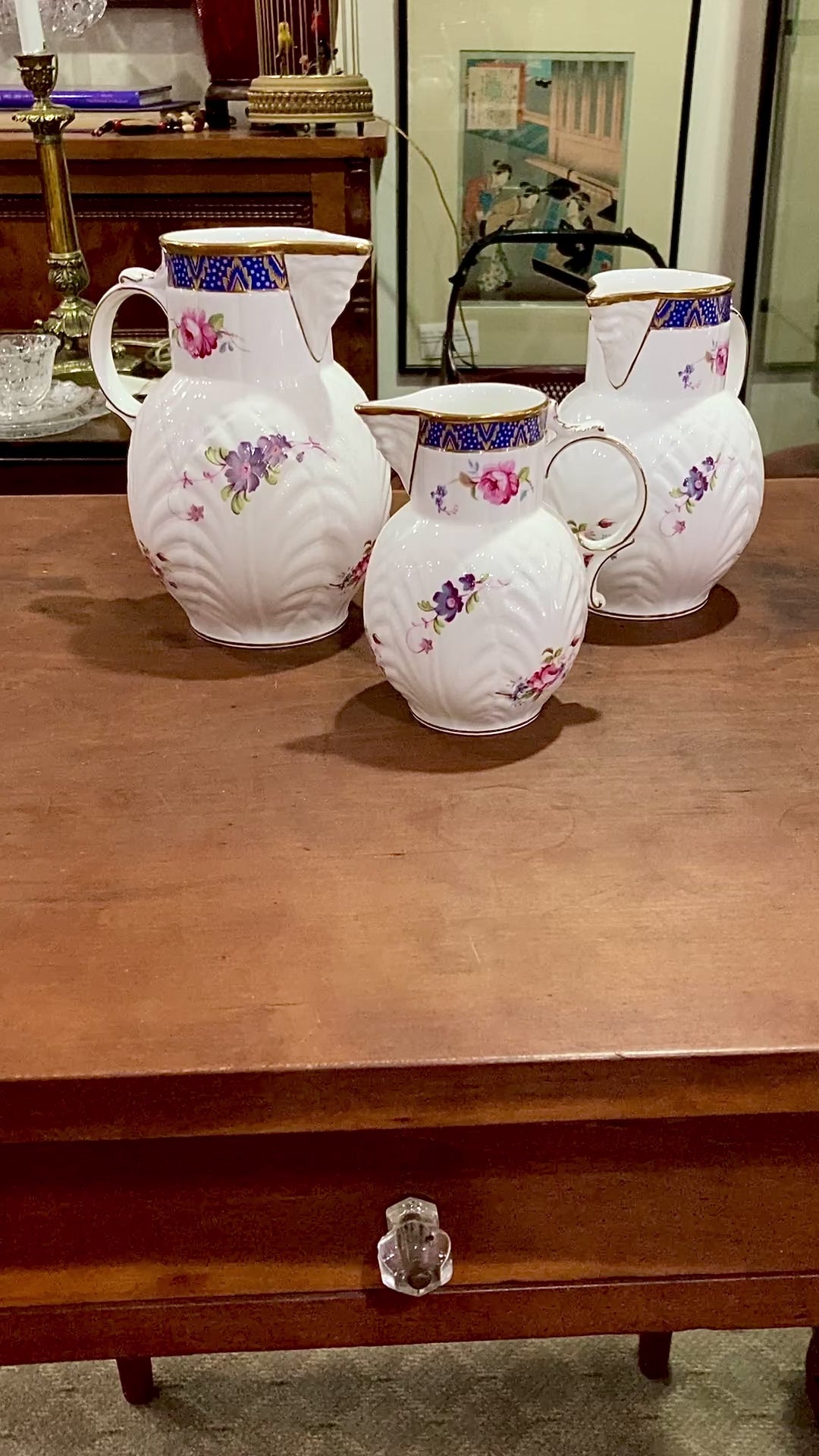 Set of Three Vintage Caughley Floral Painted Mask Head Porcelain Pitcher Jugs