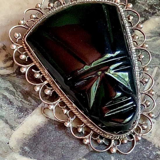 Vintage Mexico Sterling Silver 925 Carved Black Onyx Abstract Face Filigree Brooch