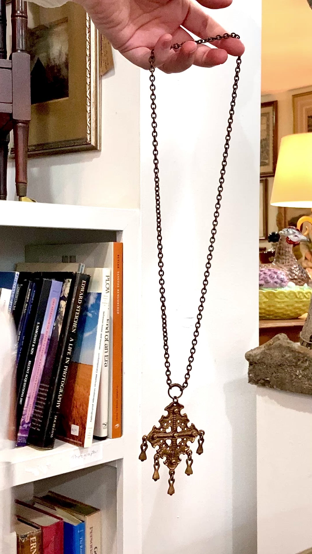 Vintage 1970s Kalevala Koru Finnish Ancient Style Gold Metal Dangle Necklace