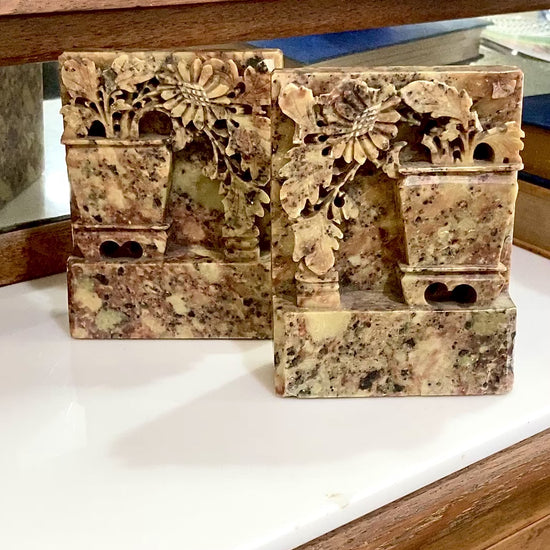 Pair Vintage Hand Carved Planter Pot Chinese Soapstone Bookends