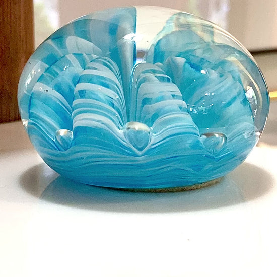 Vintage Handblown Turquoise Blue White Wavy Clear Glass Round Paperweight