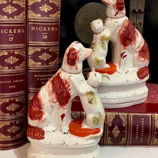 Antique Pair Rare Staffordshire Cat and Spaniel Dog Porcelain Figurines