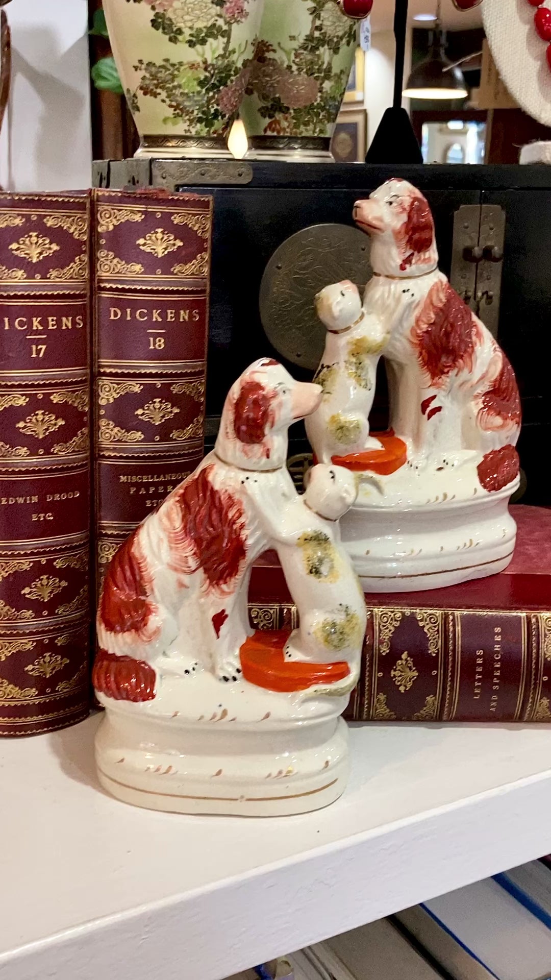 Antique Pair Rare Staffordshire Cat and Spaniel Dog Porcelain Figurines
