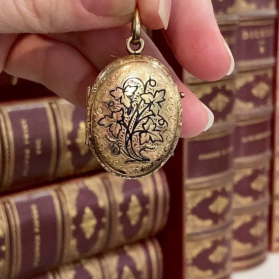 Antique Gold Filled Oval Floral Engraved Mourning Hair Locket Pendant