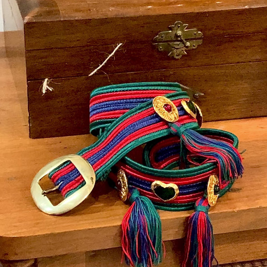 Vintage 1970s Yves Saint Laurent Heart Green Red Blue Tassel Rope Belt