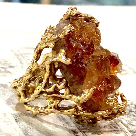 Vintage Artistic 14K Yellow Gold Brutalist Druzy Citrine Cocktail Ring