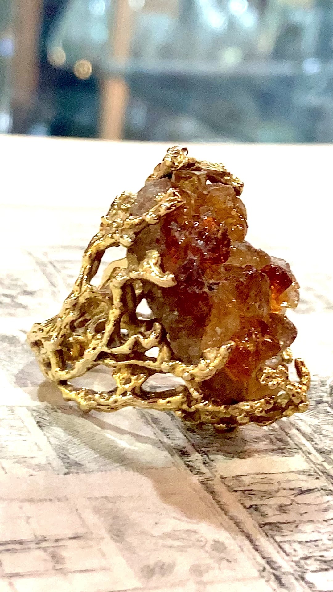 Vintage Artistic 14K Yellow Gold Brutalist Druzy Citrine Cocktail Ring