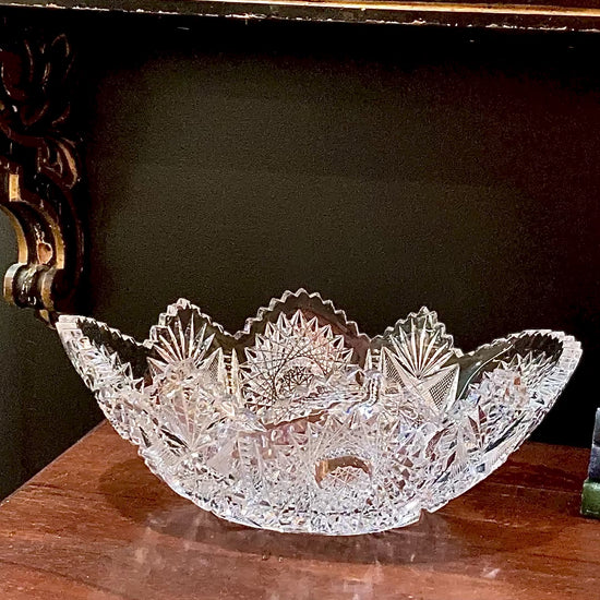 Antique 1900s American Brilliant Cut Clear Glass Oval Scalloped Edge Bowl
