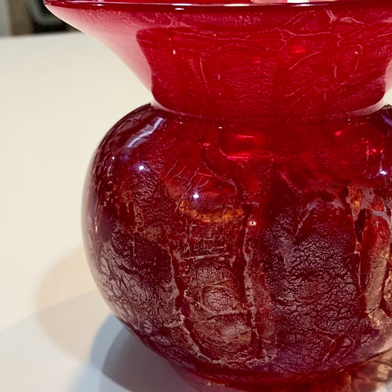Rare Vintage Baccarat France Marbled Ruby Red Fluted Rim Glass Vase