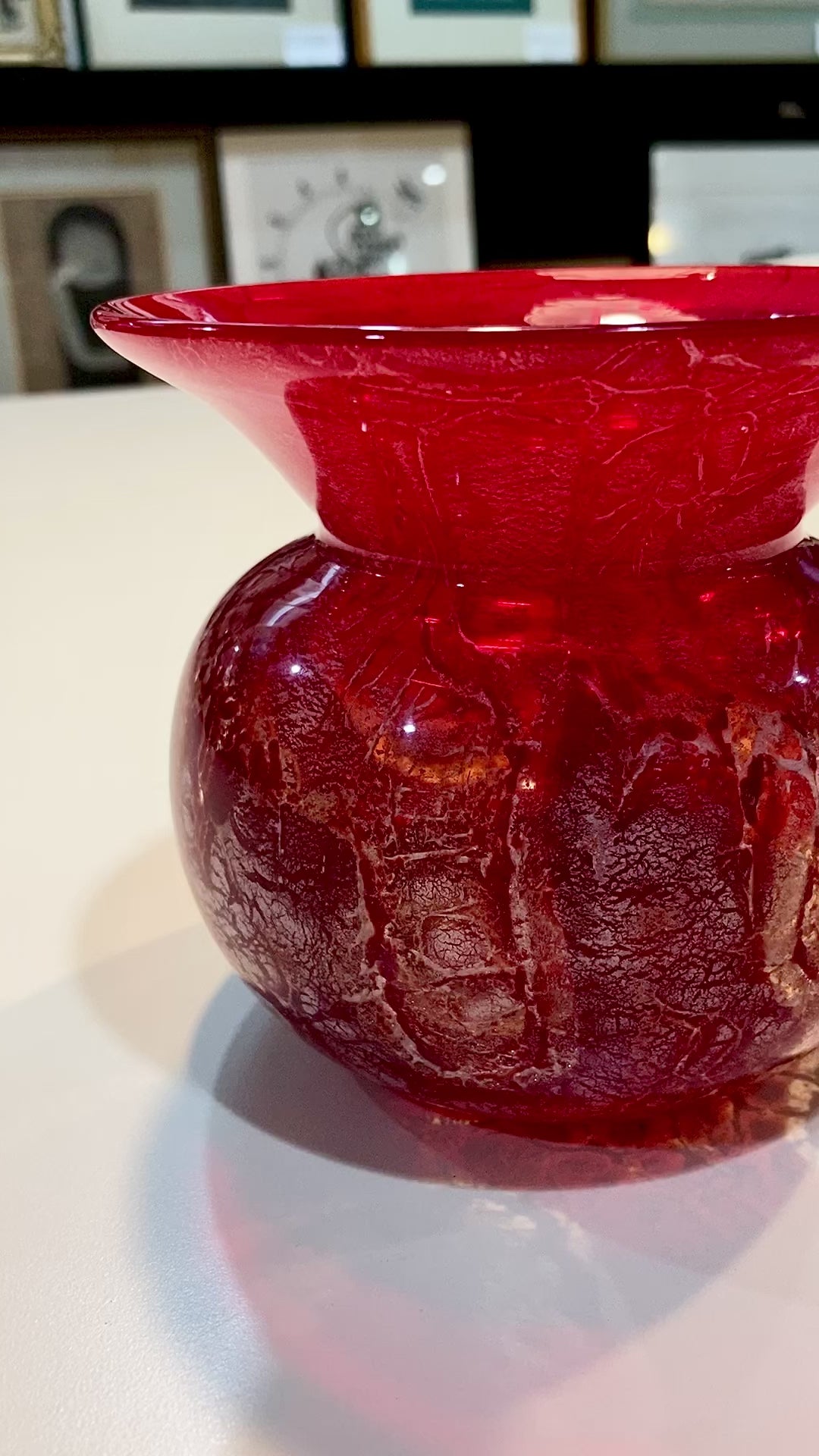 Rare Vintage Baccarat France Marbled Ruby Red Fluted Rim Glass Vase