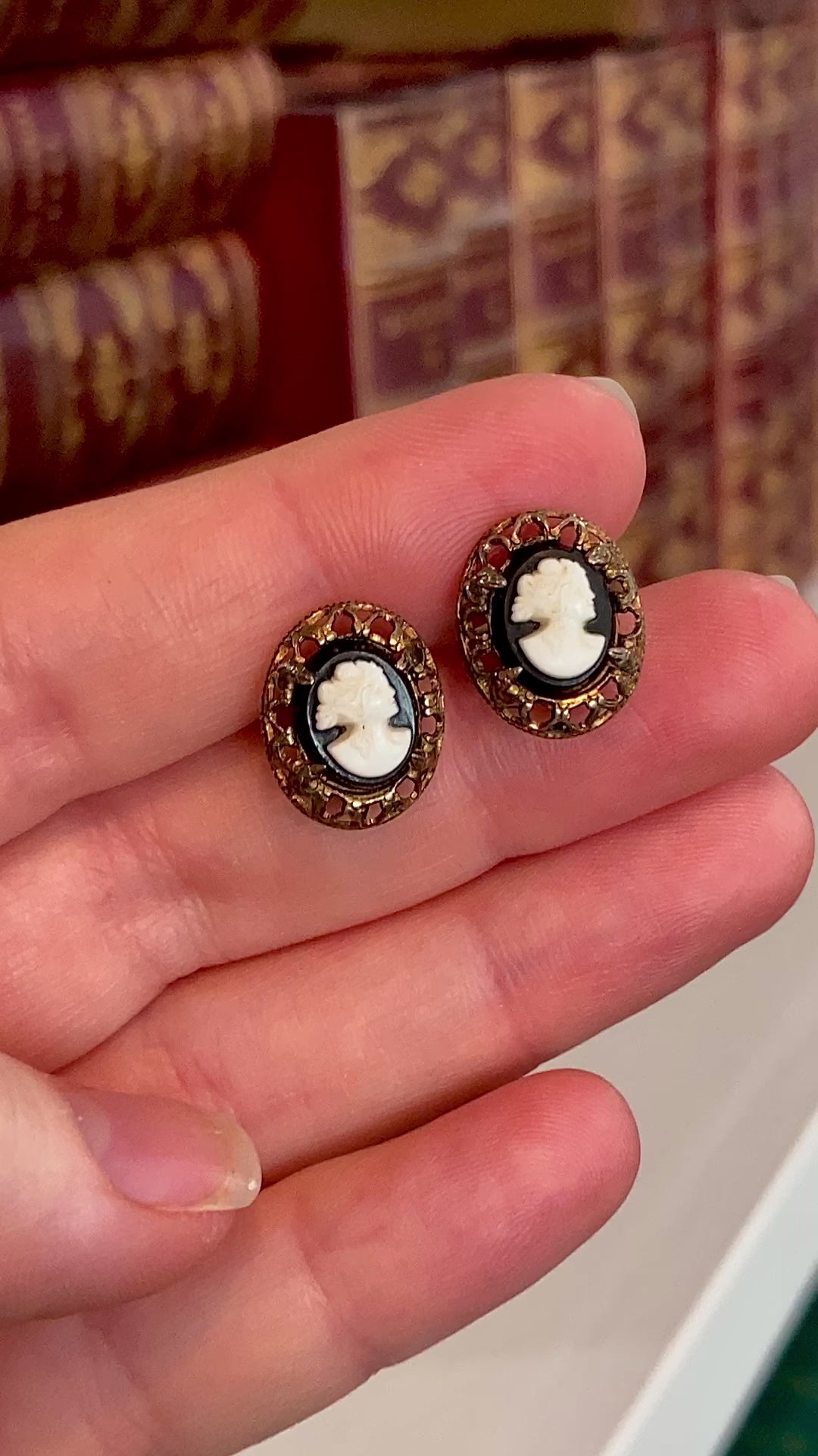 Vintage Black Cameo Filigree Gold-tone Sterling Silver Screwback Earrings