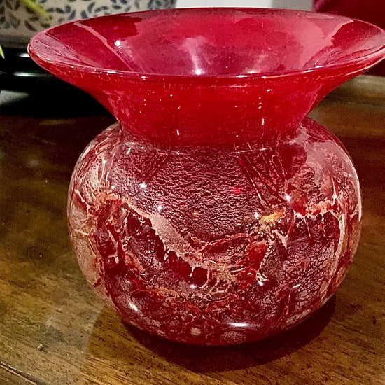 Rare Vintage Baccarat France Marbled Ruby Red Fluted Rim Glass Vase