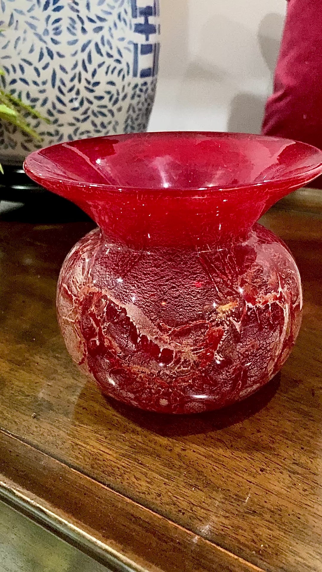 Rare Vintage Baccarat France Marbled Ruby Red Fluted Rim Glass Vase