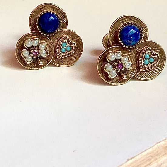 Vintage Gold Tone Lucky Charm Heart Shamrock Lapis Screwback Earrings video