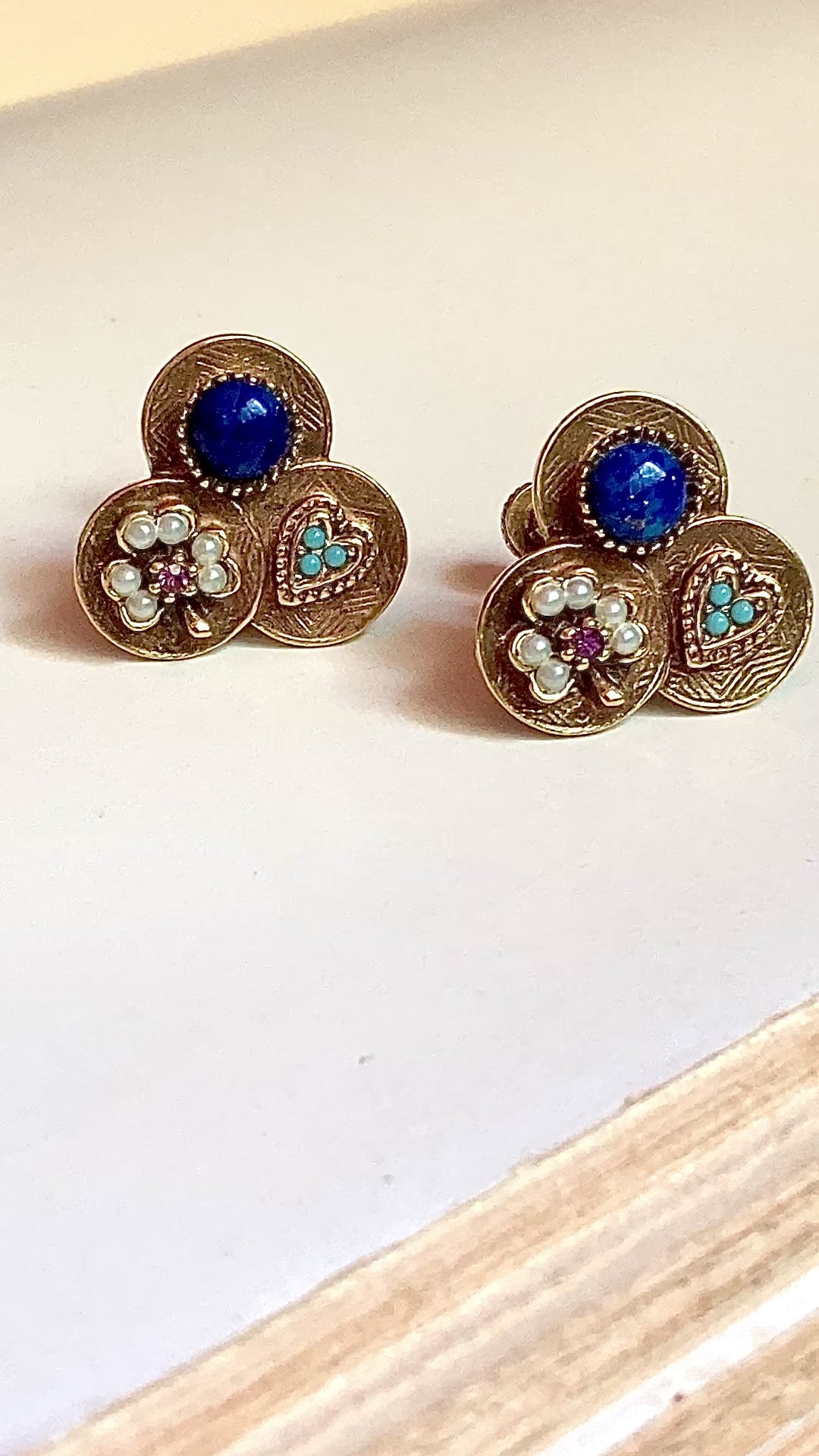 Vintage Gold Tone Lucky Charm Heart Shamrock Lapis Screwback Earrings video
