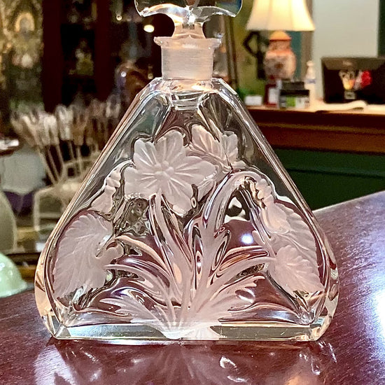 Antique 1920s Czech Clear Glass Floral Triangular Lybis Luxor Perfume Bottle