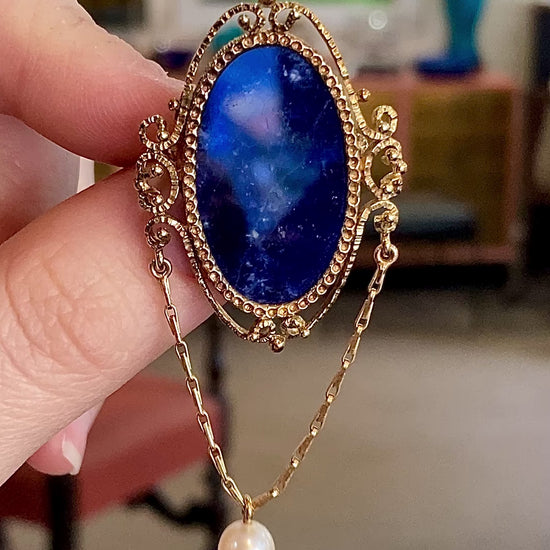Vintage 14K Yellow Gold Filigree Oval Lapis Lazuli Pearl Dangle Brooch Pin