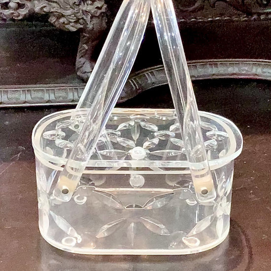 Vintage 1950s Clear Lucite Llewellyn Double Handle Basket Handbag Purse