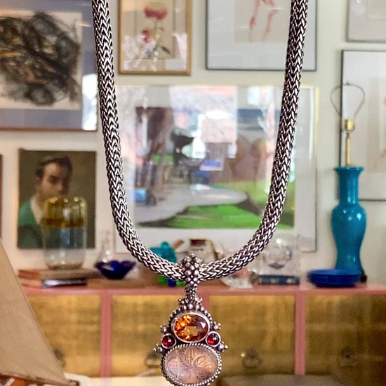 Vintage Stephen Dweck Sterling Silver 18K Gold Carved Quartz Pendant Necklace Signed