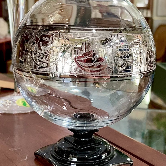 Art Deco Antique Glass Globe Platinum Banded Black Footed Base Vase