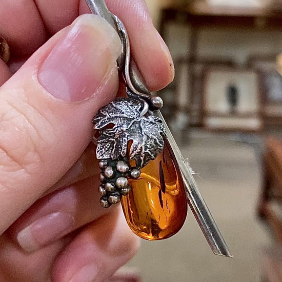 Vintage Sterling Silver Amber Drop Grapes Leaves Brooch Bar Pin