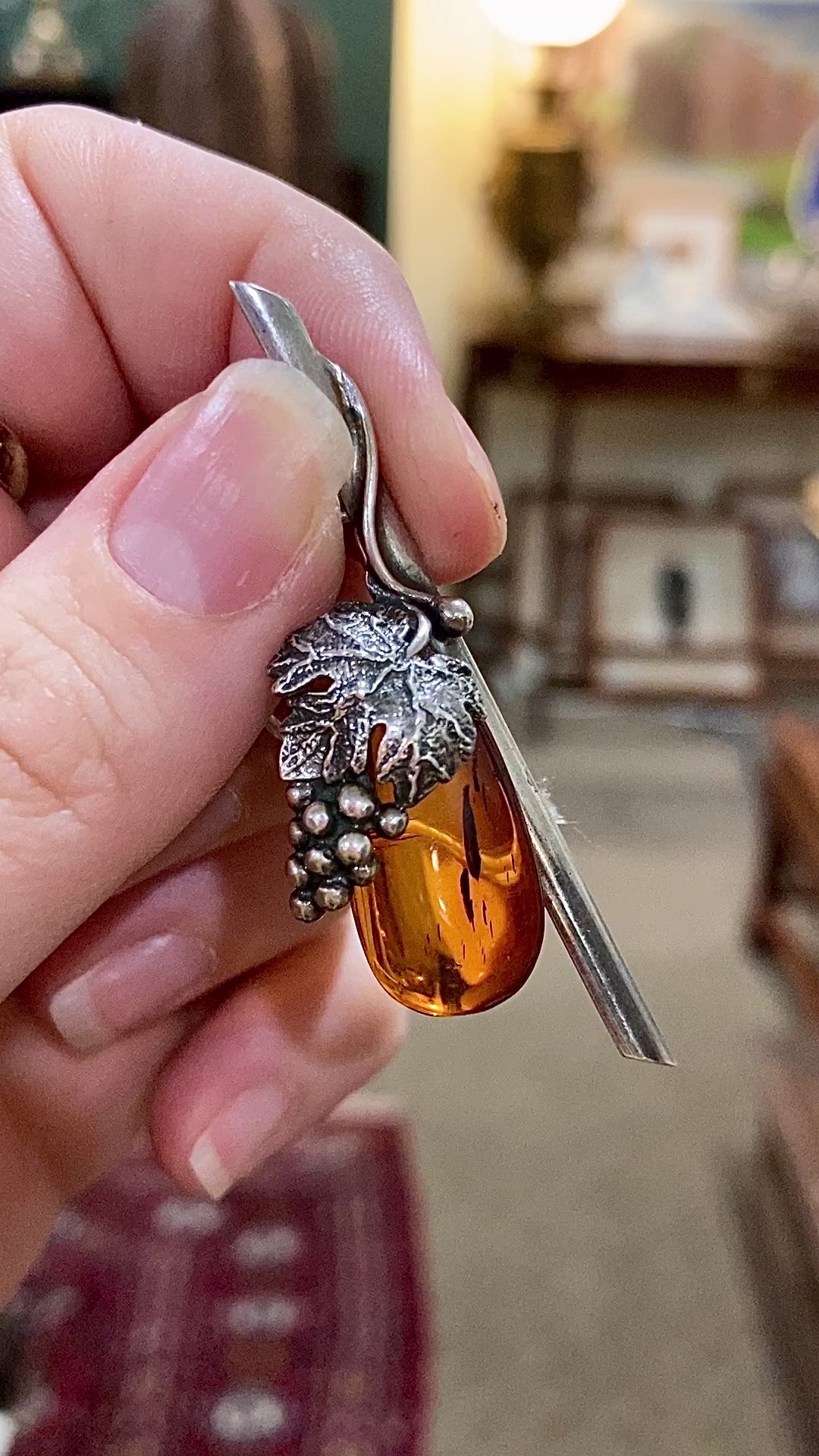 Vintage Sterling Silver Amber Drop Grapes Leaves Brooch Bar Pin