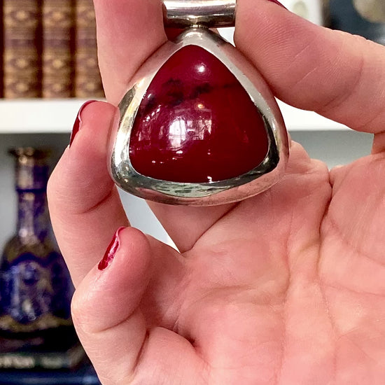 Vintage Sterling Silver Triangular Rounded Red Jasper Stone Pendant