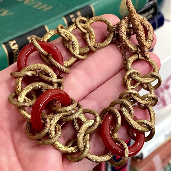 Vintage Gold Toned Circular Rust Red Lucite Stone Chain Link Bracelet Stephen Dweck