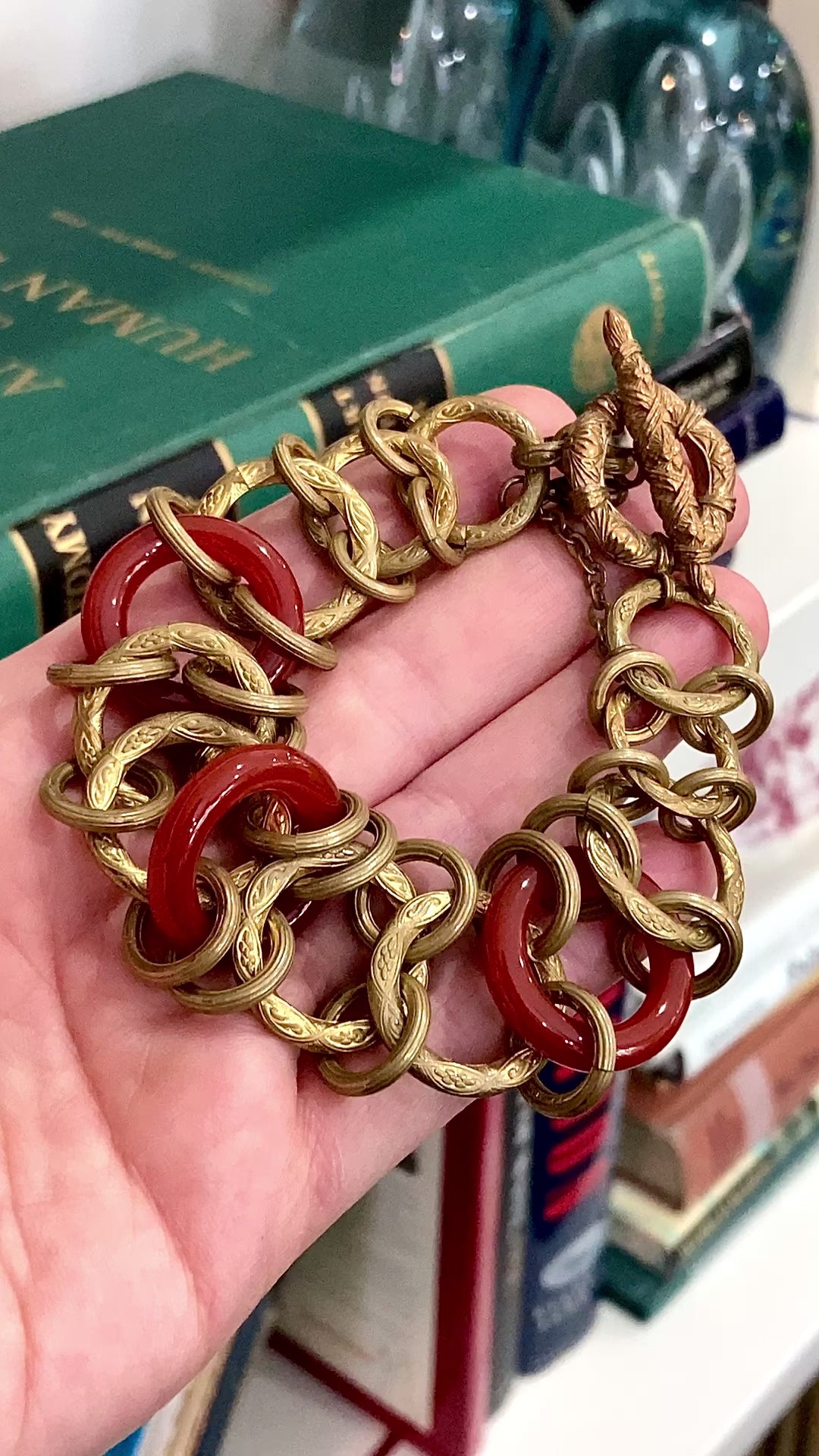 Vintage Gold Toned Circular Rust Red Lucite Stone Chain Link Bracelet Stephen Dweck