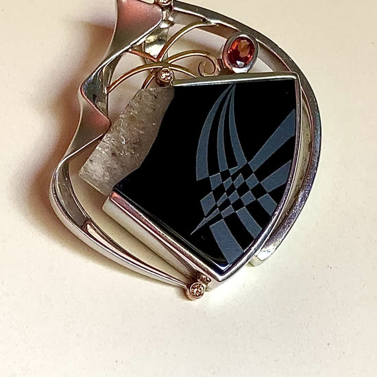 Artisan Triple Diamond 14K Yellow Gold Sterling Silver Etched Black Agate Pendant video