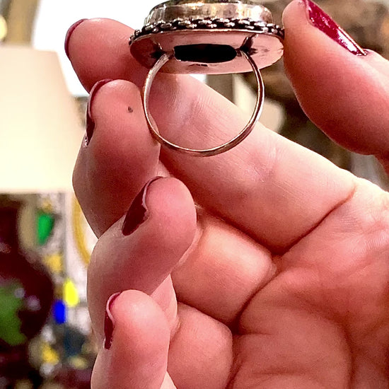 Vintage Sterling Silver Polished Jasper Square Natural Stone Ring
