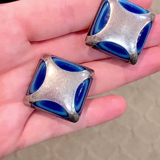 Vintage Mexico Sterling Silver Layered Blue Glass Geometric Clip On Earrings